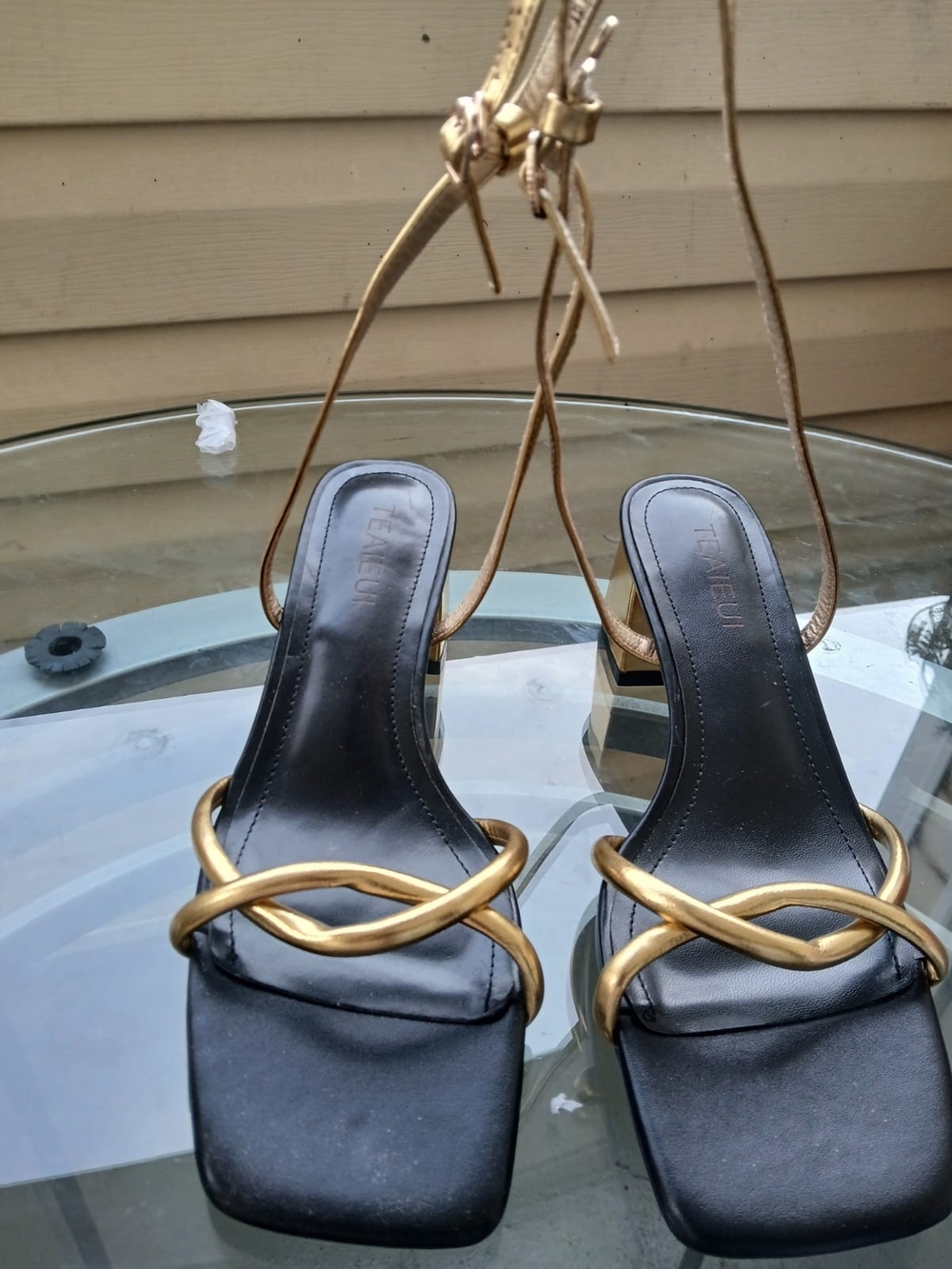 & Other Stories Gold Strappy Square-Toe Block Heels